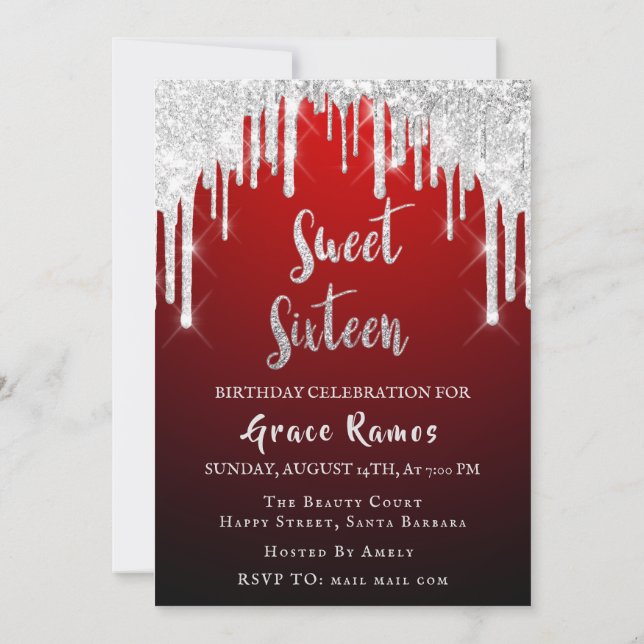 Sweet 16th Elisabeth Red Grey Silver Drips Photo Invitation (Back)