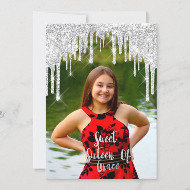 Sweet 16th Elisabeth Red Grey Silver Drips Photo Invitation (Front)