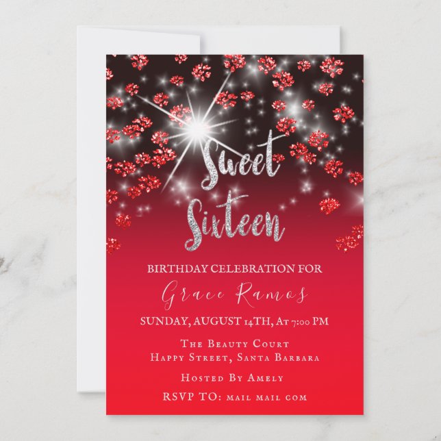 Sweet 16th Elisabeth Red Grey Silver Drips Photo Invitation (Back)