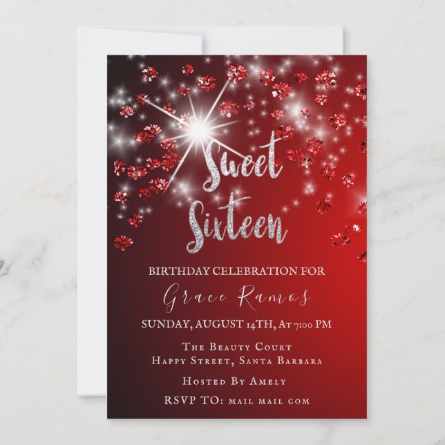 Sweet 16th Elisabeth Red Grey Silver Drips Photo Invitation (Back)