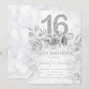 Sweet 16th Floral Marble Glitter Silver  Invitation