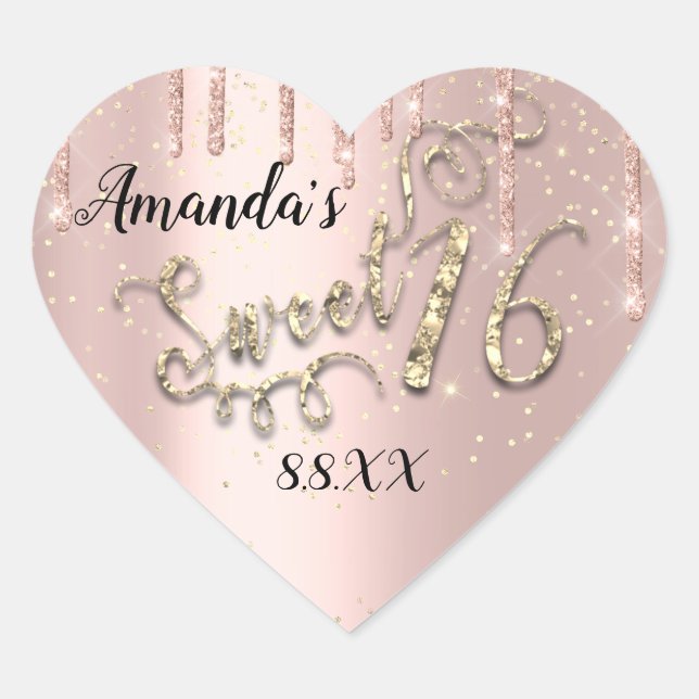 Sweet 16th Heart Glitter Confetti Rose Drips Heart Sticker (Front)