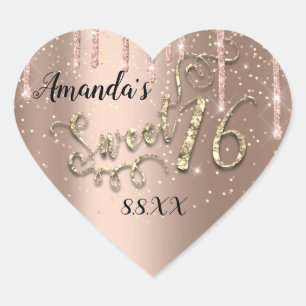 Sweet 16th Heart Glitter Gold Confetti Rose Sticker