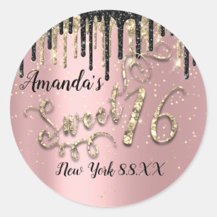 Sweet 16th Party Glitter Gold Confetti Rose Black Classic Round Sticker