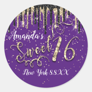 Sweet 16th Party Gold Confetti Drips Black Purple Classic Round Sticker