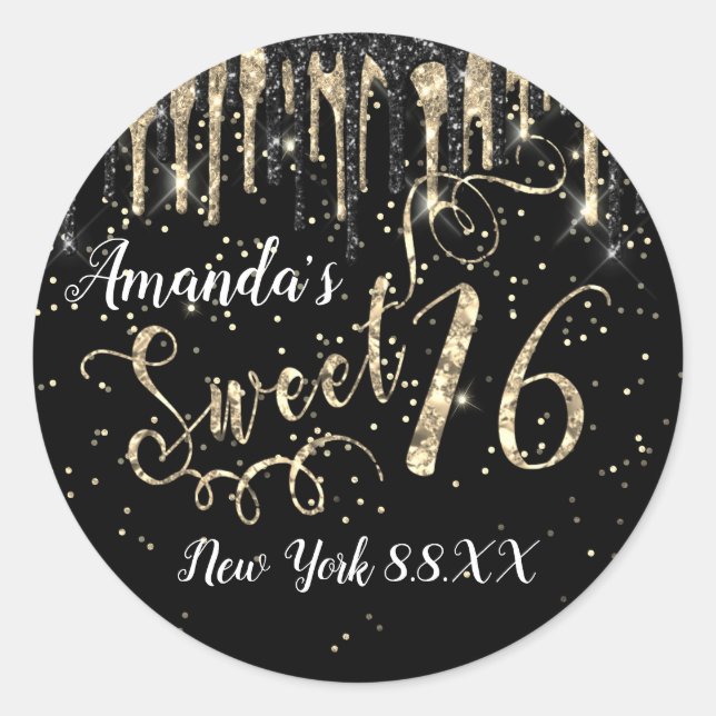 Sweet 16th Party Gold Confetti Drips Black White Classic Round Sticker (Front)