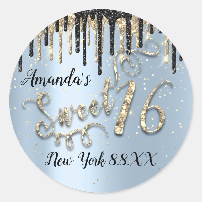Sweet 16th Party Stars Gold Confetti Smoky Blue Classic Round Sticker (Front)