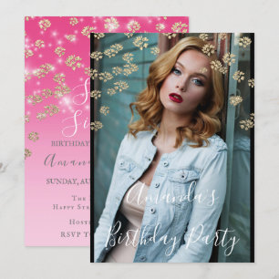 Sweet 16th  Pink Flowers Gold Ombre Photo Confetti Invitation