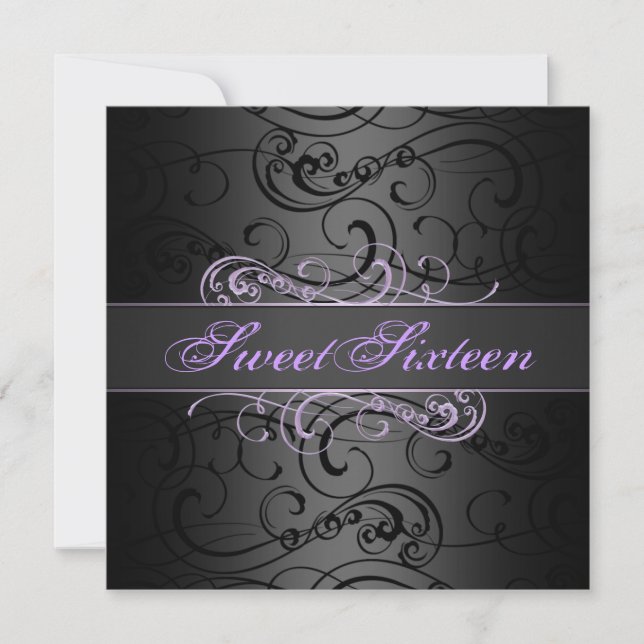 Sweet 16th Purple/Black Swirl Birthday Invitation (Front)