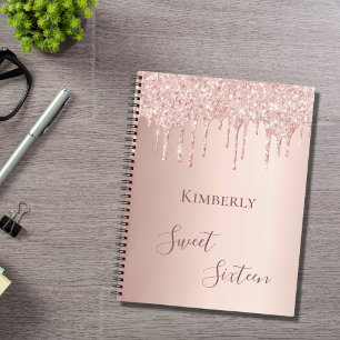 Sweet 16th sixteen 16 birthday rose gold glitter notebook