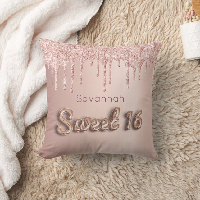 Sweet 16th sixteen 16 rose gold glitter monogram throw pillow (Blanket)