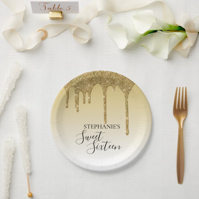 Sweet 16th sixteen birthday gold glitter paper plate (Wedding)