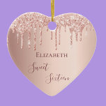 Sweet 16th sixteen birthday rose gold glitter 16 ceramic ornament<br><div class="desc">An ornament for a girly and glamourous Sweet 16th birthday. A faux rose gold background with an elegant faux rose gold glitter drips, paint drip look. The text: Sweet Sixteen is written in dark rose gold with a large modern hand lettered style script. Tempate for a name. Perfect as party...</div>