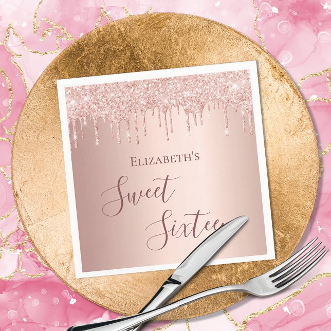 Sweet 16th sixteen birthday rose gold glitter napkin (Creator Uploaded)