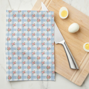 Sweet 50s Retro Rosebud Blue Gingham Check Kitchen Towel