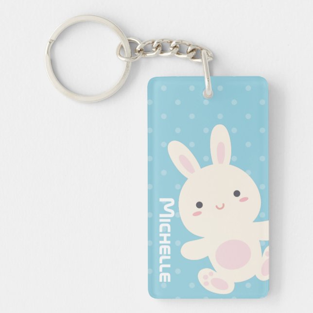 Sweet Adorable Cute Bunny Pastel Blue Polka Dots Keychain (Front)