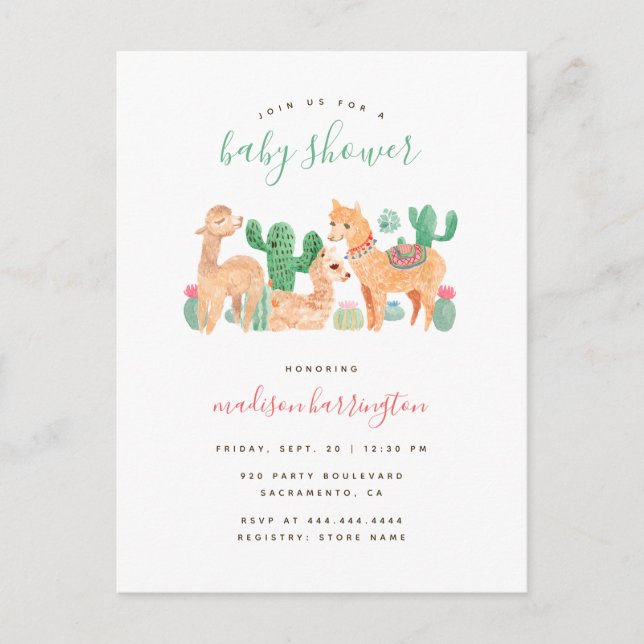 Sweet Alpaca Llama Cactus Boho Baby Shower Invitation Postcard (Front)