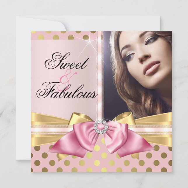 Sweet and Fabulous Pink Gold Polka Dots Birthday Invitation (Front)