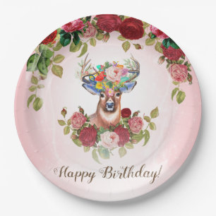 Sweet and Pink Elegant Floral Rose Dear Birthday P Paper Plate