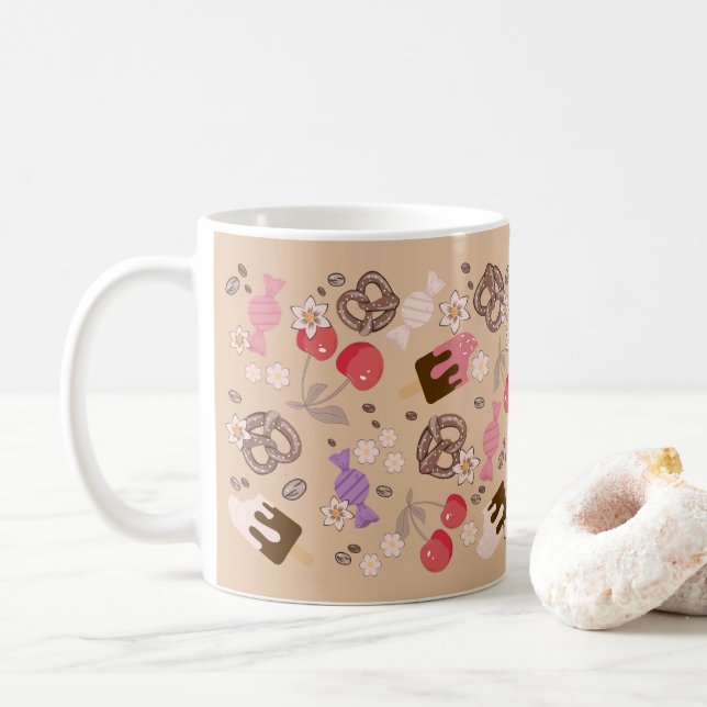 Sweet and Salty Treats Beige Pattern Coffee Mug (With Donut)