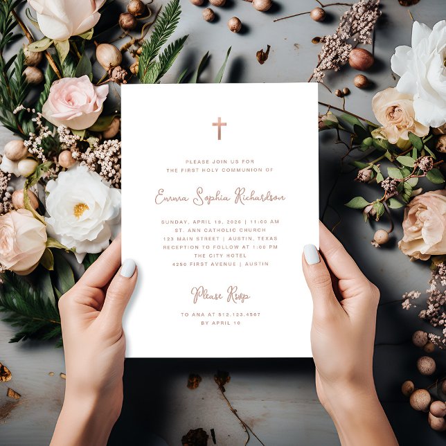 Sweet and Simple | Rose Gold First Holy Communion Invitation (An elegant, faux rose gold First Holy Communion invitation)