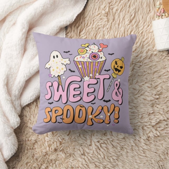 Sweet and Spooky Ghosts and Pumpkins Halloween Throw Pillow (Blanket)