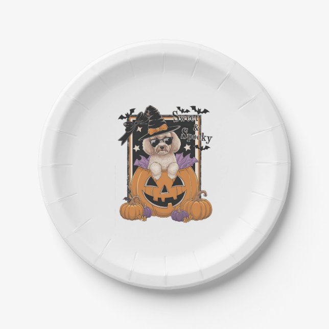 Sweet and Spooky Poodle and Pumpkin Paper Plate (Front)