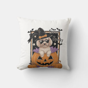Sweet and Spooky Poodle and Pumpkin Throw Pillow