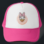 Sweet and Sunny Daisy Duck Portrait Trucker Hat<br><div class="desc">Brighten up your everyday essentials with this adorable and charming Daisy Duck portrait! Featuring a happy, wide-eyed expression and a signature oversized bow, this design is housed in a clean circular frame with a playful yellow and pink striped background. The soft, hand-drawn linework and warm pastel palette give this artwork...</div>