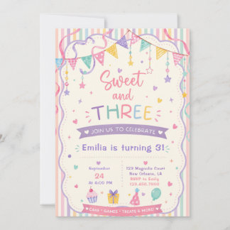 Sweet and Three candy sweets pastel 3rd birthday Invitation