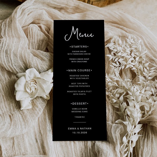 Sweet and Whimsical Black | Wedding Menu (A sweet and whimsical, dark black wedding menu)