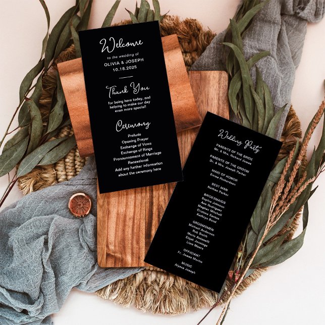 Sweet and Whimsical Black | Wedding Program (An elegant black wedding program with white whimsical script)