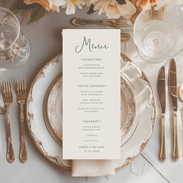 Sweet and Whimsical | Ivory and Sage Green Wedding Menu (An elegant, ivory cream wedding menu with trendy sage green typography)