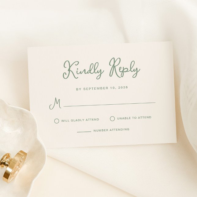 Sweet and Whimsical Ivory and Sage Green Wedding RSVP Card (A simple and elegant ivory cream wedding rsvp card with sage green text)