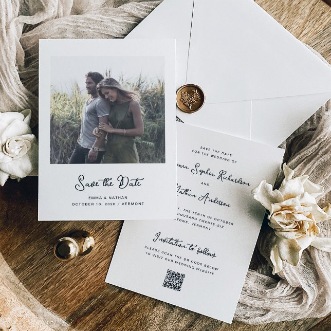 Sweet and Whimsical | Photo and QR Code Save The Date (An elegant and whimsical save the date card with your photo and a scannable QR code)