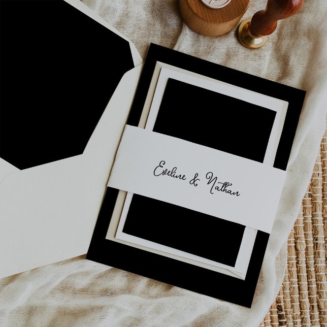 Sweet and Whimsical Simple Black and White Wedding Invitation Belly Band (A sweet and elegant, black and white belly band)