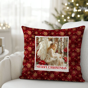 Sweet Angel Poinsettia Red Gold Kids Room Christma Throw Pillow
