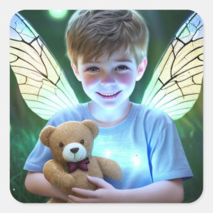 Sweet Angelic Little Boy with Fairy Wings Square Sticker