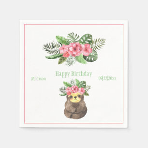 Sweet Animal Sloth Floral Pink Name Girly Birthday Napkin
