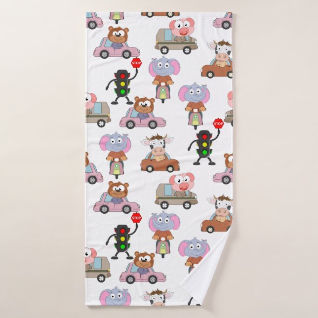 Sweet Animals In Cars With Traffic Light Pattern Bath Towel (Bath Towel)