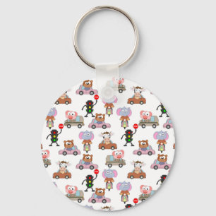 Sweet Animals In Cars With Traffic Light Pattern Keychain