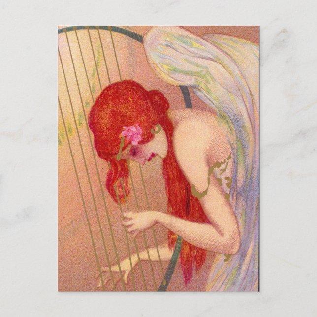 Sweet Antique Redheaded Angel on the Harp Postcard (Front)