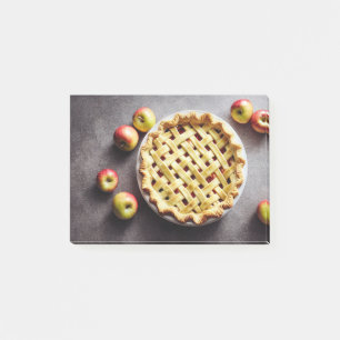 Sweet apple pie with lattice top, fresh apples post-it notes