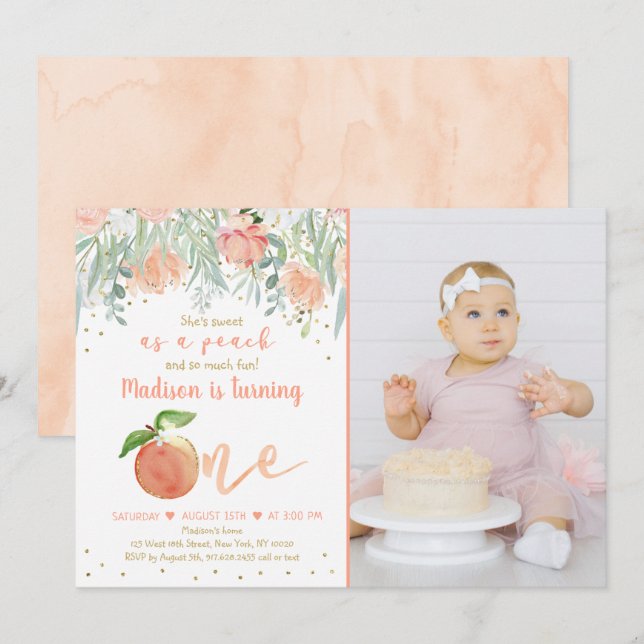 Sweet As A Peach Floral Gold First Birthday Invitation (Front/Back)