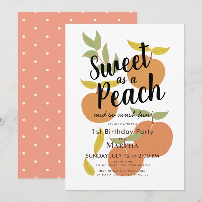 Sweet as a Peach Retro Girl 1st Birthday Invitation (Front/Back)