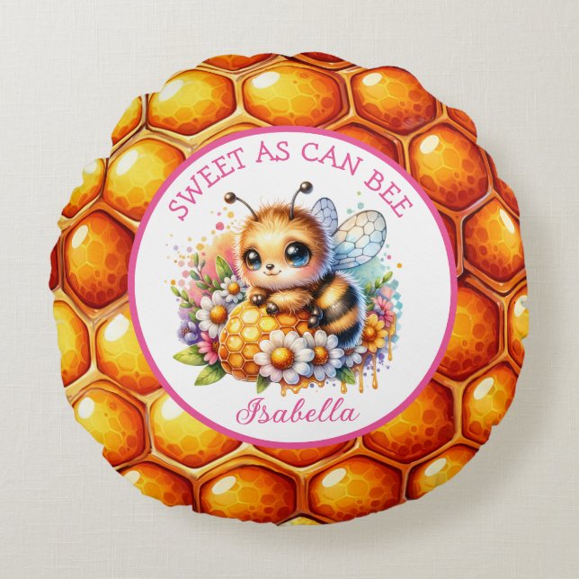 Sweet as Can Be | Honey bee and Flowers Round Pillow (Front)