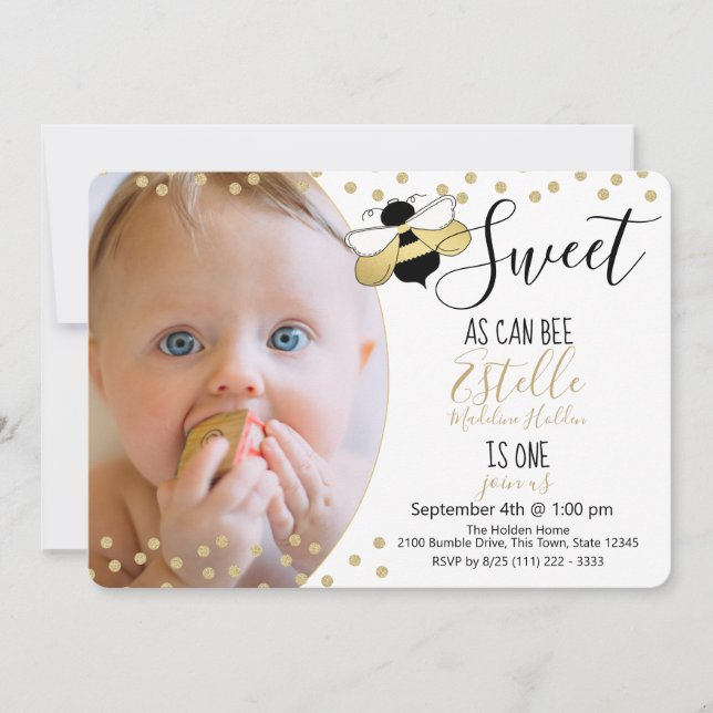 Sweet as can Bee 1st Birthday Party Photo Invitation (Front)