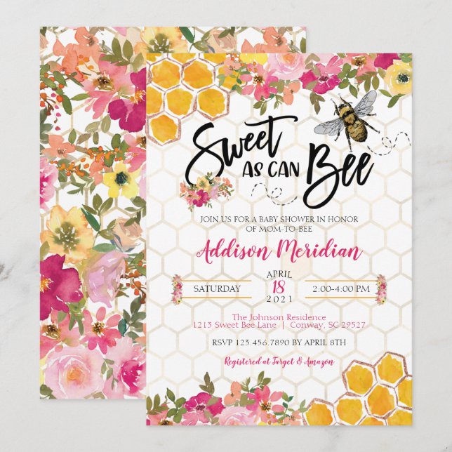 Sweet as can Bee Baby Girl Shower Invitation (Front/Back)