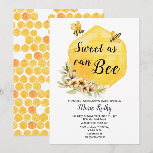 Sweet As Can Bee Baby Shower Invitation (Front/Back)