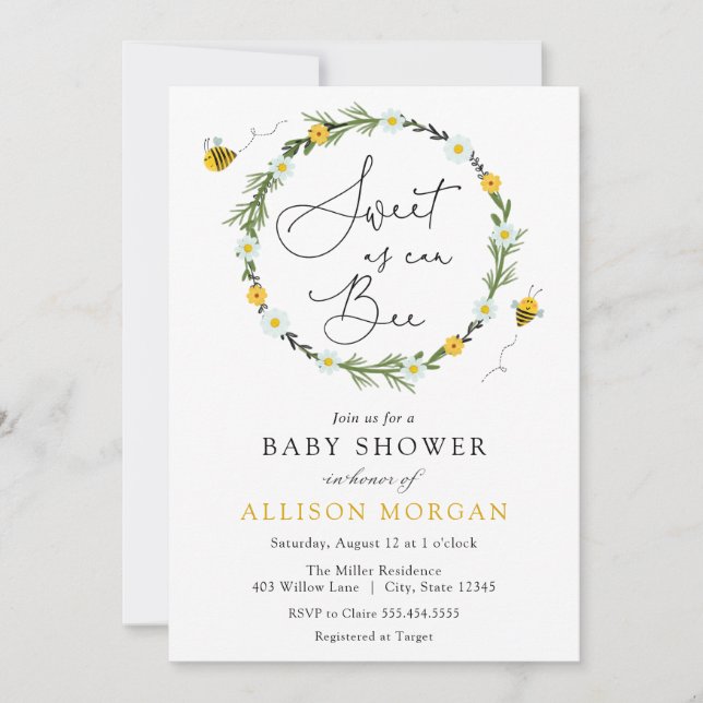 Sweet As Can Bee Baby Shower Invitation (Front)